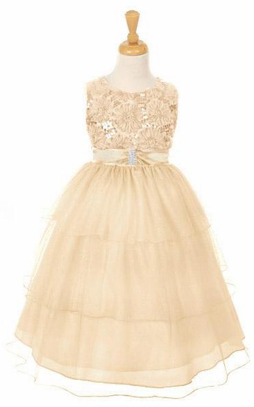 Tea-Length Split-Front Sequins&Satin Flower Girl Dress