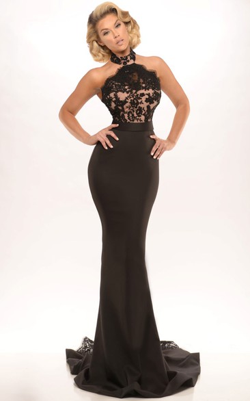 Sheath Sleeveless High Neck Floor-Length Lace Jersey Prom Dress With Backless Style And Sweep Train
