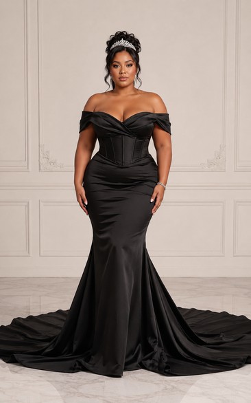 Plus Size Black Off-the-shoulder Satin Mermaid Wedding Dress