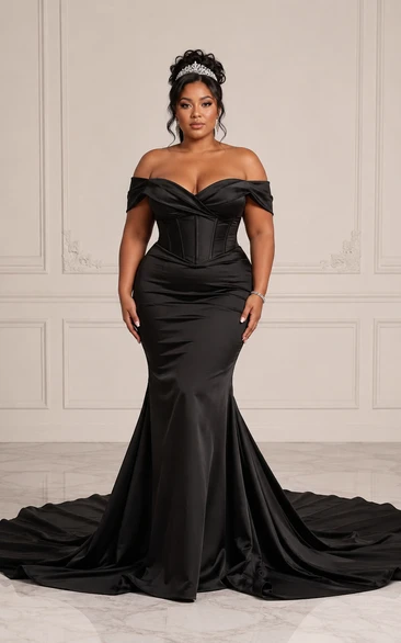 Plus Size Black Off-the-shoulder Satin Mermaid Wedding Dress