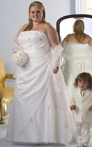 Strapless Lace-Up Taffeta Bridal Gown With Organza Shawl