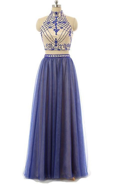 High Neck A-Line Two Pieces Beading Floor-Length Prom Dress
