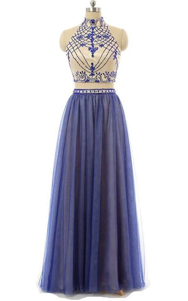 High Neck A-Line Two Pieces Beading Floor-Length Prom Dress