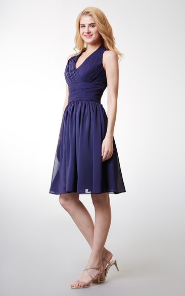 Chic Halter Style Bodice-pleated Layered A-line Chiffon Dress