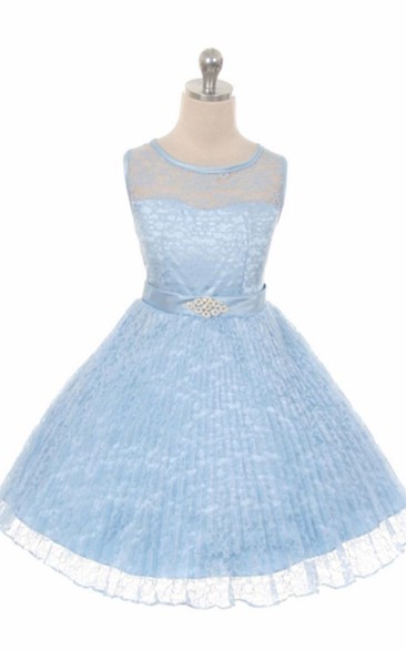 Tea-Length Illusion Pleated Lace&Satin Flower Girl Dress