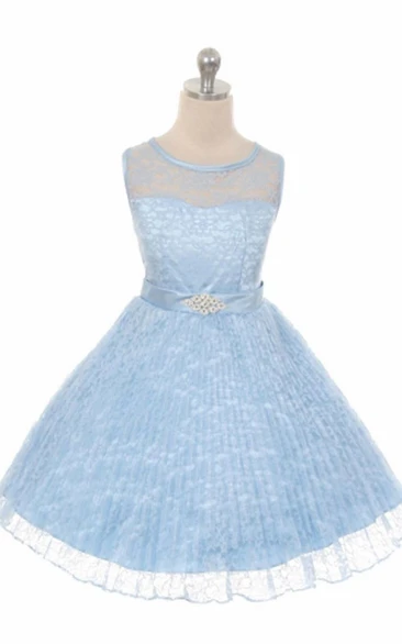 Tea-Length Illusion Pleated Lace&Satin Flower Girl Dress
