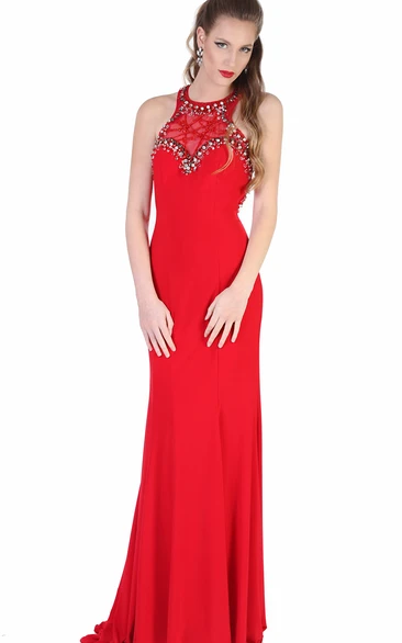 Sheath Floor-Length Sleeveless Scoop-Neck Beaded Jersey Evening Dress
