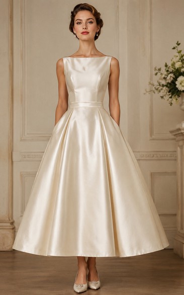 Bateau Satin Tea-Length High-Low Vintage Wedding Dress