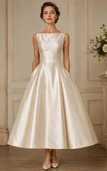 Bateau Satin Tea-Length High-Low Vintage Wedding Dress