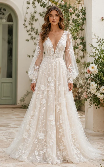 Long Puff Sleeve Floral Lace A-Line Wedding Dress