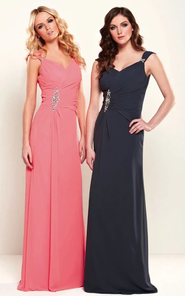 Sheath Floor-Length Sleeveless Ruched V-Neck Chiffon Bridesmaid Dress With Broach