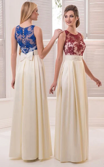 A-Line Floor-Length Jewel Sleeveless Satin Lace Pleats Illusion Dress