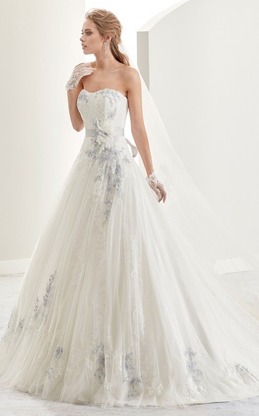 Strapless Flower-sash A-line Bridal Gown with Fine Appliques and Brush Train