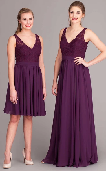 Mini V-Neck Lace Sleeveless Chiffon Bridesmaid Dress With Pleats