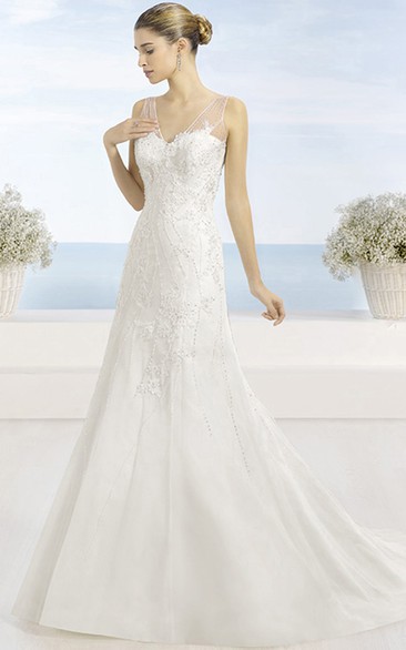 A-Line Beaded V-Neck Floor-Length Sleeveless Satin Wedding Dress With Pleats And Illusion Back