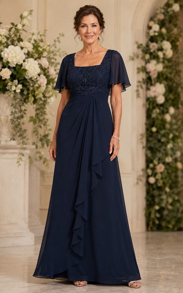 Dark Navy Square Neck Beaded Chiffon Evening Mother Gown