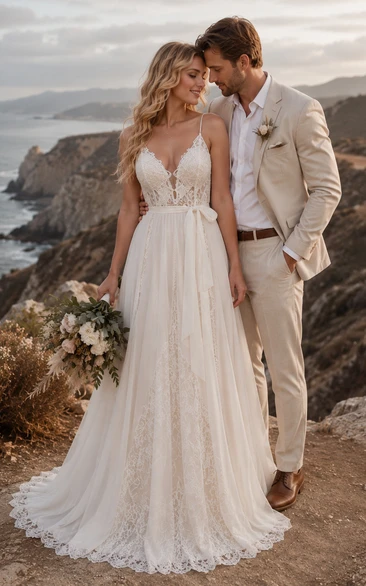 Beach V Neck Lace Bodice A-Line Wedding Dress with Open Back