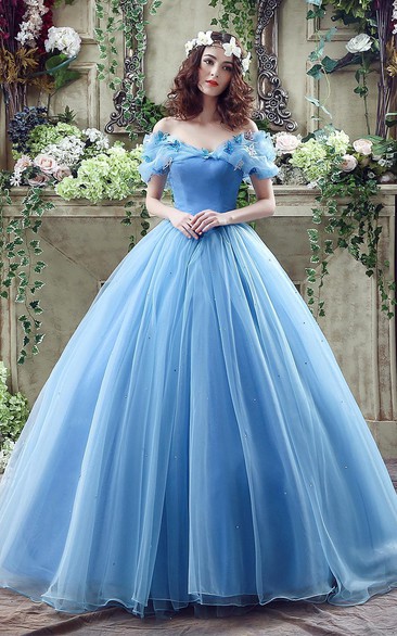 Princess Off-the-Shoulder Sequins Tulle Ball Gown Dress With Flowers