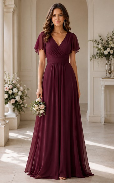 Burgundy A-Line Chiffon V-Neck Bridesmaid Dress with Flutter Sleeves