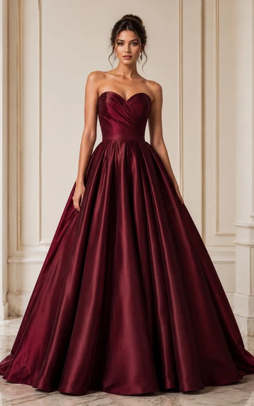 Ball Gown Satin Prom Dress with Strapless, Sleeveless and Pleats, Floor Length