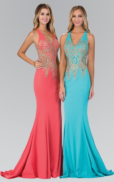 Sheath Long V-Neck Sleeveless Jersey Illusion Dress With Beading