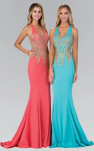 Sheath Long V-Neck Sleeveless Jersey Illusion Dress With Beading