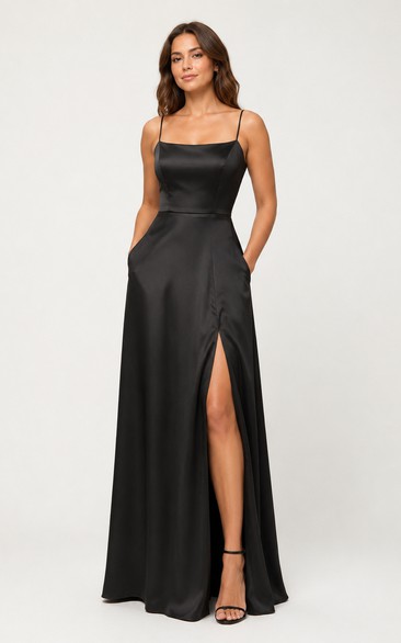 Black Satin Spaghetti Strap A-Line Formal Gown with Pockets