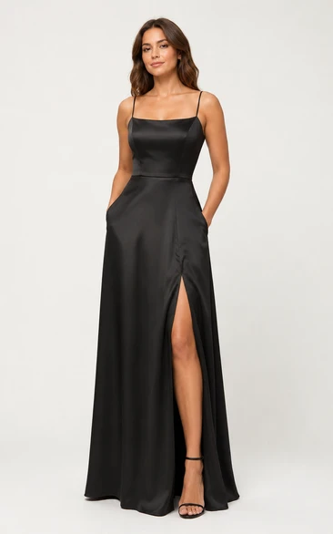 Black Satin Spaghetti Strap A-Line Formal Gown with Pockets