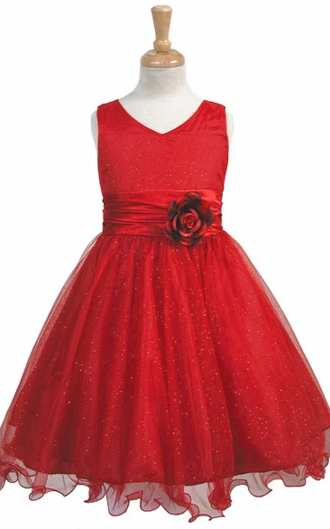 V-Neck Knee-Length Tiered Charmeuse Flower Girl Dress