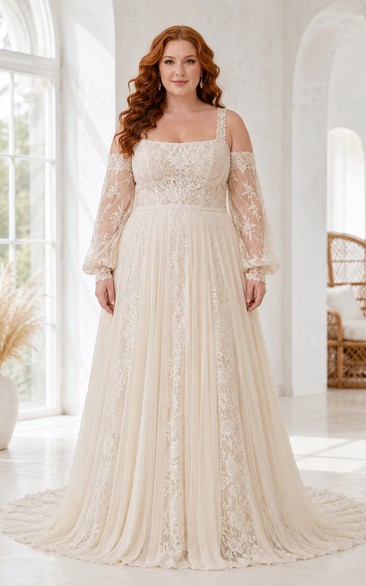 Plus Size elfenbeinfarbenes Brautkleid mit eckigem Ausschnitt, langen Ärmeln und A-Linie aus Spitze