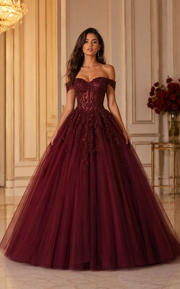 Burgundy Off-the-Shoulder Beaded Tulle Ball Gown