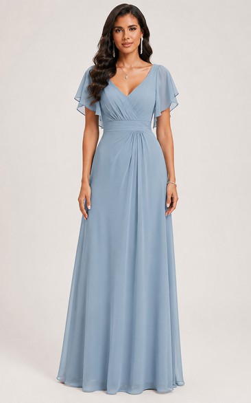 Steel Blue V-neck Flutter Sleeve Chiffon A-Line Dress