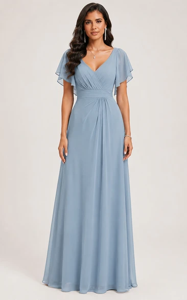 Steel Blue V-neck Flutter Sleeve Chiffon A-Line Dress
