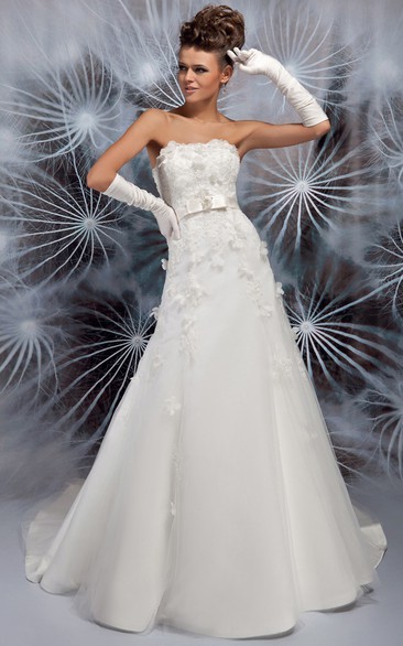 A-Line Strapless Sleeveless Floral Long Satin Wedding Dress With Backless Style And Bow