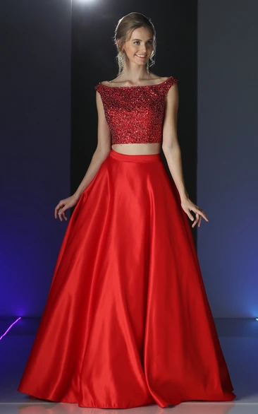 A-Line Long Bateau Cap-Sleeve Satin Keyhole Dress With Beading