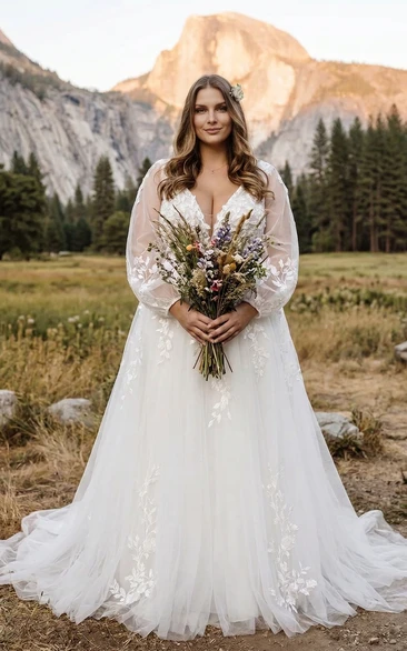 Plus Size Boho Long Sleeve Lace Tulle A-Line Wedding Dress with V-Neck