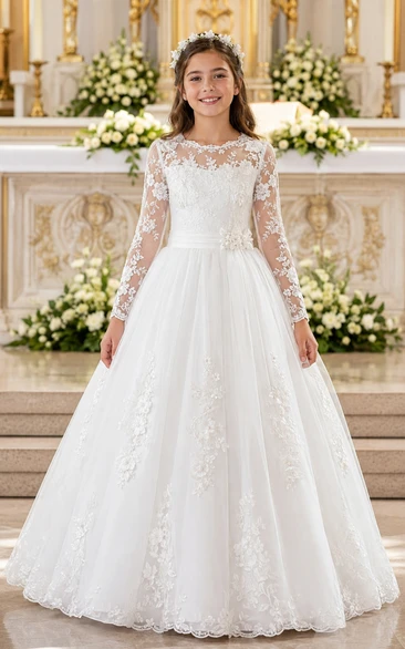 Long Sleeve Lace Illusion White Tulle First Communion Ball Gown
