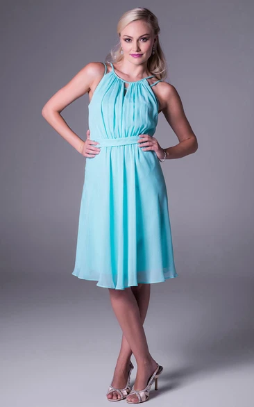 Midi Straps Ruched Chiffon Bridesmaid Dress With Bow