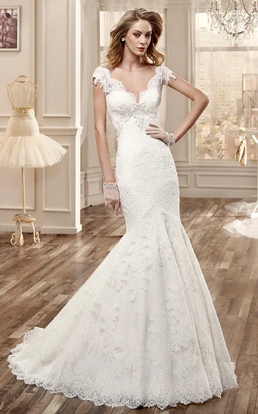 Deep-V Neck Lace Wedding Dress With Mermaid Style And Open Back