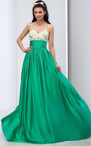 Spaghetti Straps Criss-cross Beading Long Prom Dress