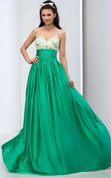 Spaghetti Straps Criss-cross Beading Long Prom Dress