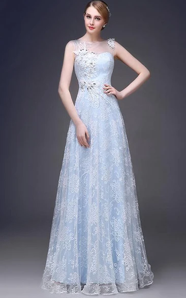 Romantic Jewel Neck A-Line Appliques Long Prom Dress