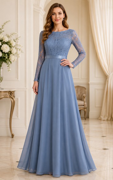 Vestido de talla grande azul acero de manga larga con corpiño de encaje y falda de gasa.