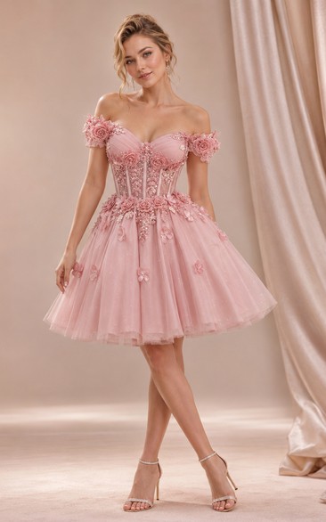 Rosa schulterfreies Minikleid mit Blumenmuster