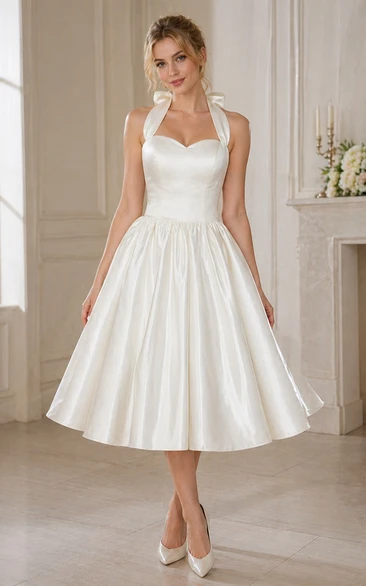 Halter Tea-Length Satin Wedding Dress With Bow And Lace-Up Back