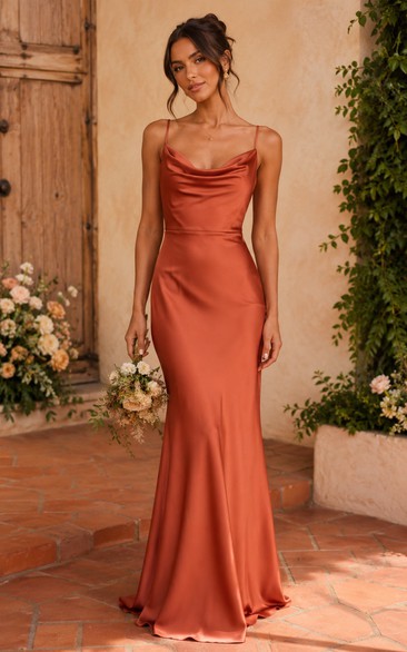 Papaya Cowl Neck Satin Sheath Bridesmaid Dress