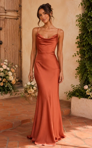 Papaya Cowl Neck Satin Sheath Bridesmaid Dress