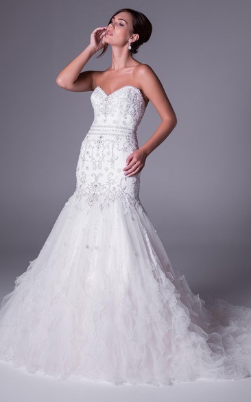 Trumpet Sweetheart Sleeveless Beaded Long Tulle Wedding Dress With Cascading Ruffles