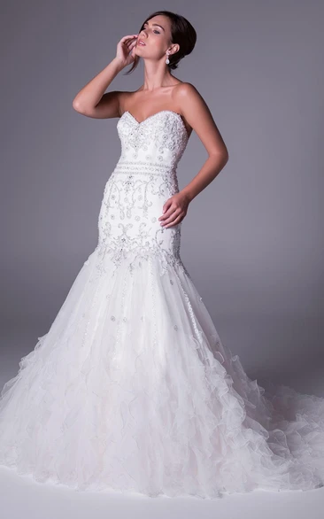 Trumpet Sweetheart Sleeveless Beaded Long Tulle Wedding Dress With Cascading Ruffles