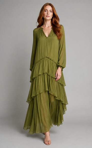 Sage Long Sleeve Chiffon A-Line Dress with Tiered Ruffle Skirt